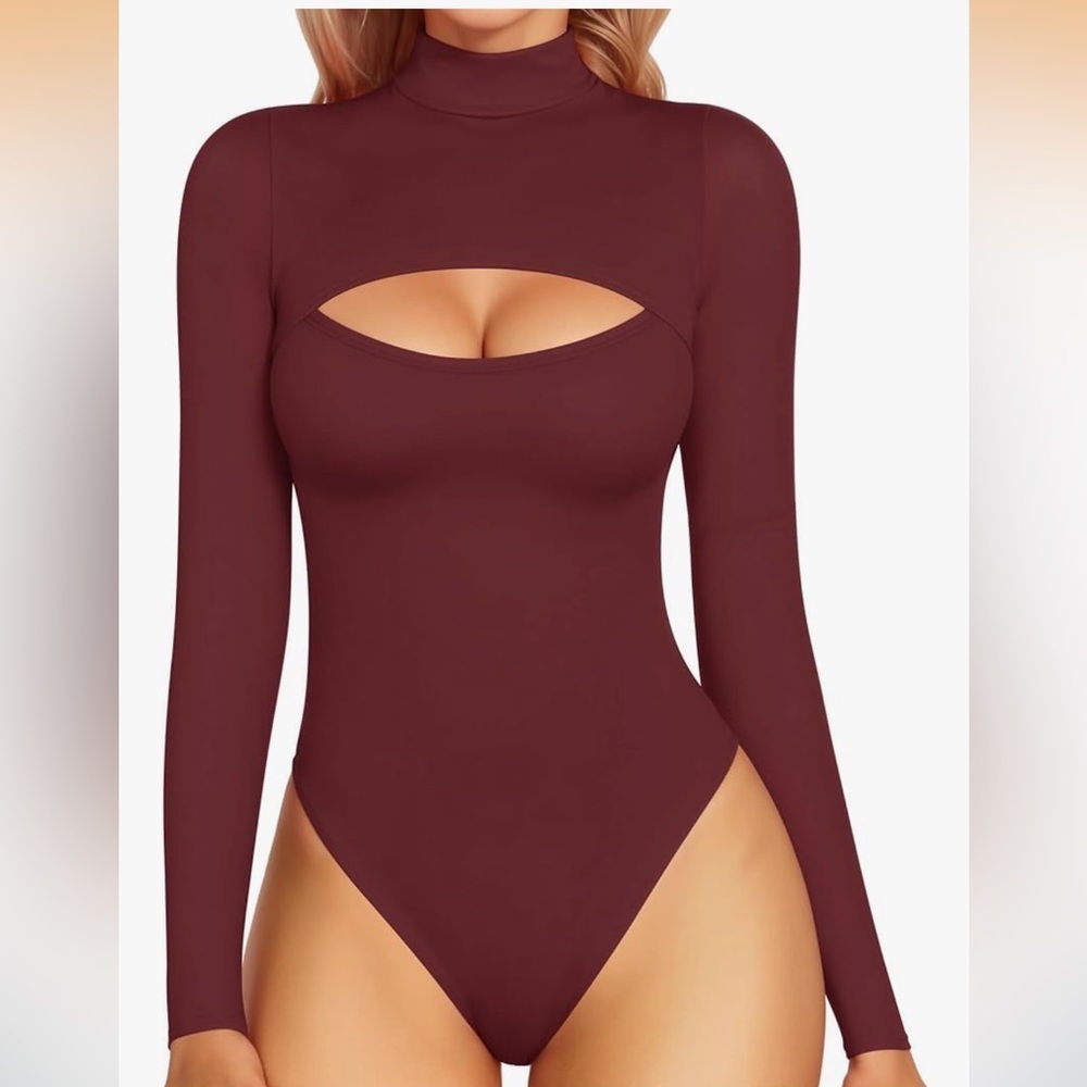 Elegant Burgundy Cutout Long Sleeve Bodysuit